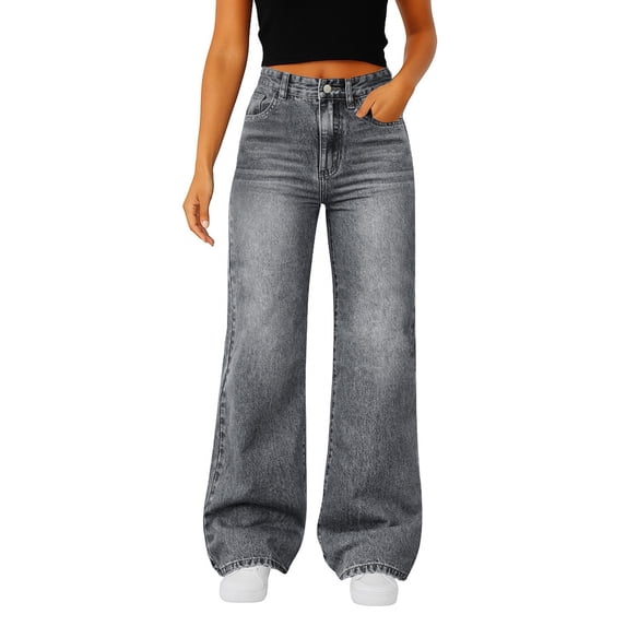 Yungyresw Women Wide Leg Jeans Y2K Loose Fit Wide Leg High Waisted Baggy Denim Pants Outdoor Fashion Casual Streetwear Gray M
