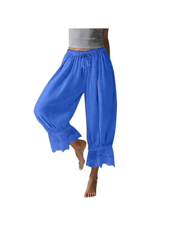 Women's Casual Bloomer Pants Ruffled Lace Trim Drawstring Lounge Pants Wide Leg Harem Pants Women With Pockets Royal Blue M