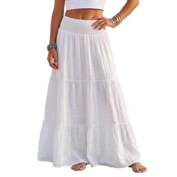 Yungyresw Women's Casual Maxi Skirt Elastic Waist Loose Flowy Tiered Skirts Boho Style Comfortable Solid A Line Skirt For Women White S