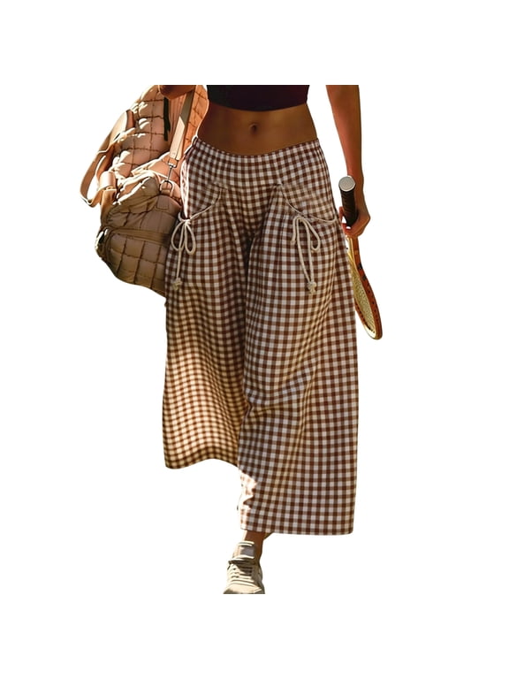 Women's Plaid Barrel Pants Wide Leg Elastic Waist Casual Culottes Pants Breathable Drawstring Loose Pants With Pocket Khaki M