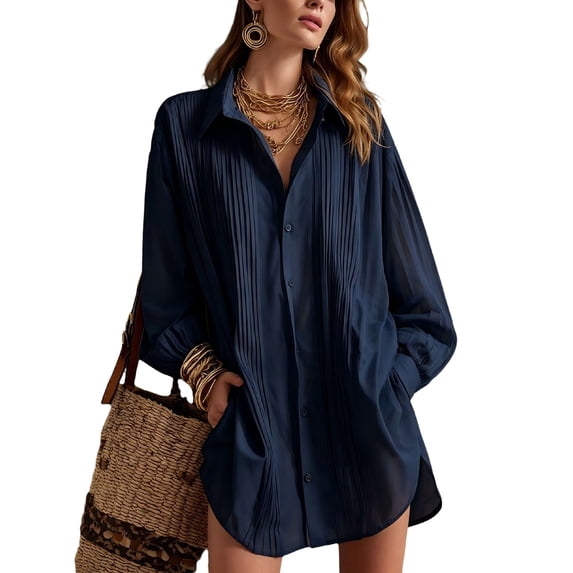 Yungyresw Women's V Neck Casual Shirt Dress Collar Button Down Loose Long Sleeve Mini Dresses Blouse