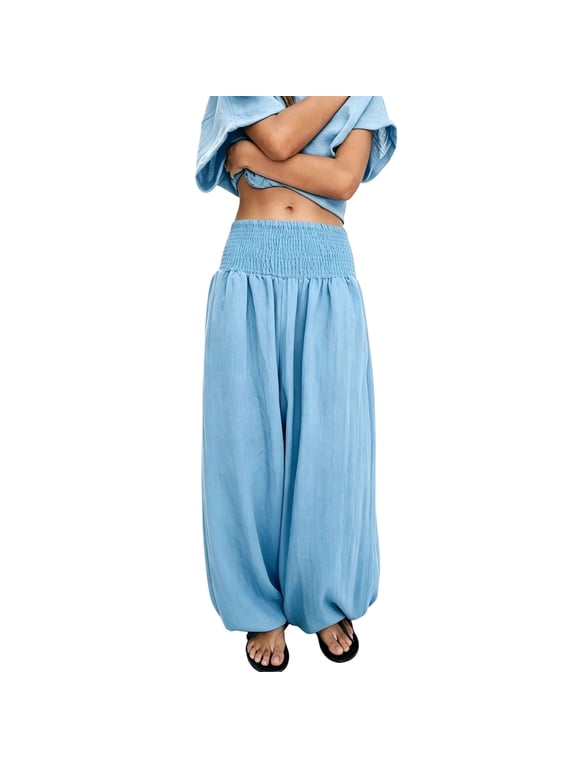 Womens Baggy Harem Pants Solid Color Wide Leg High Smocked Waist Flowy Pants For Women Summer Beach Lounge Casual Trousers Light Blue S