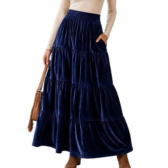 Yungyresw Womens Maxi Tiered Skirts Elastic High Waisted Long Casual Flowy A Line Skirts Solid Color Fall Winter Casual Outfits 2XL