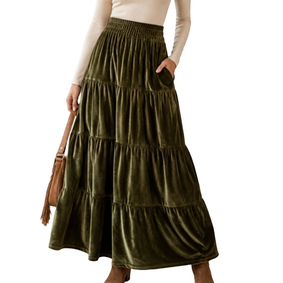 Yungyresw Womens Maxi Tiered Skirts Elastic High Waisted Long Casual Flowy A Line Skirts Solid Color Fall Winter Casual Outfits L
