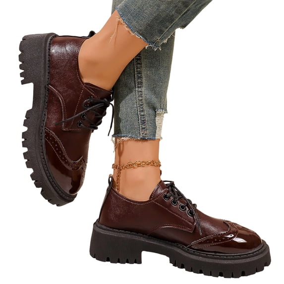 Yungyresw Womens Vintage Lace-Up Oxfords Classic Round Toe Chunky Platform Dress Shoes Casual Business Work Office Shoes Brown