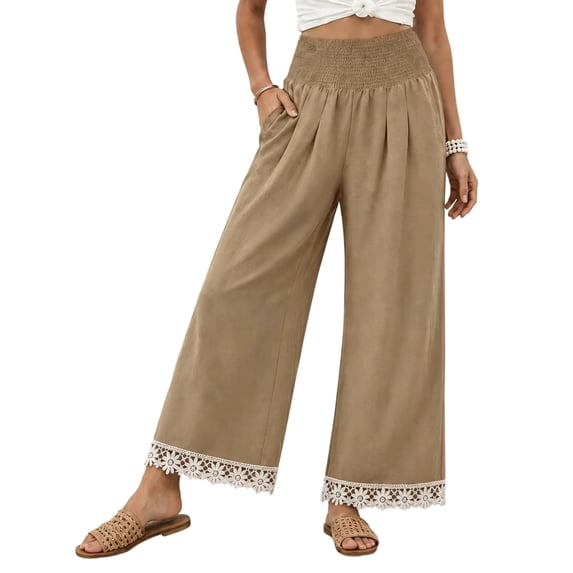 Yungyresw Womens Wide Leg Palazzo Pants Lace Hem Elastic Smocked Waist Casual Pants Lightweight Straight Trousers With Pockets Khaki 2XL