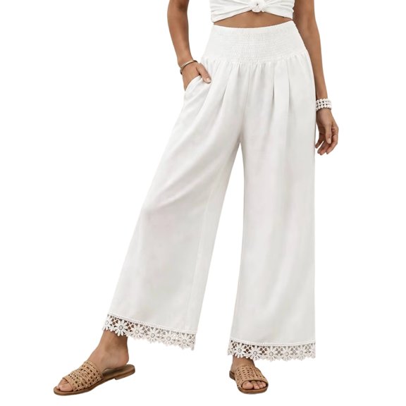 Yungyresw Womens Wide Leg Palazzo Pants Lace Hem Elastic Smocked Waist Casual Pants Lightweight Straight Trousers With Pockets White M