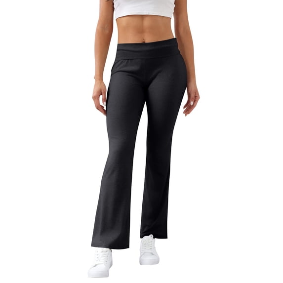 Yungyresw Yoga Flare Pants for Women Petite Low Rise Foldover Flared Pants Bell Bottom Leggings Wide Leg Tummy Control Leggins L