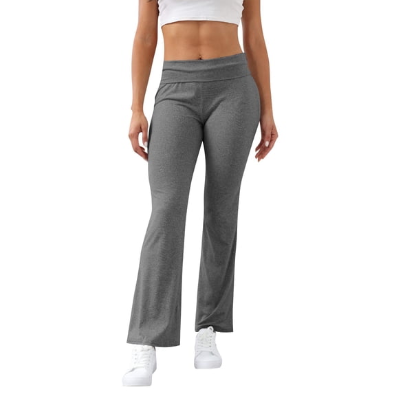 Yungyresw Yoga Flare Pants for Women Petite Low Rise Foldover Flared Pants Bell Bottom Leggings Wide Leg Tummy Control Leggins L
