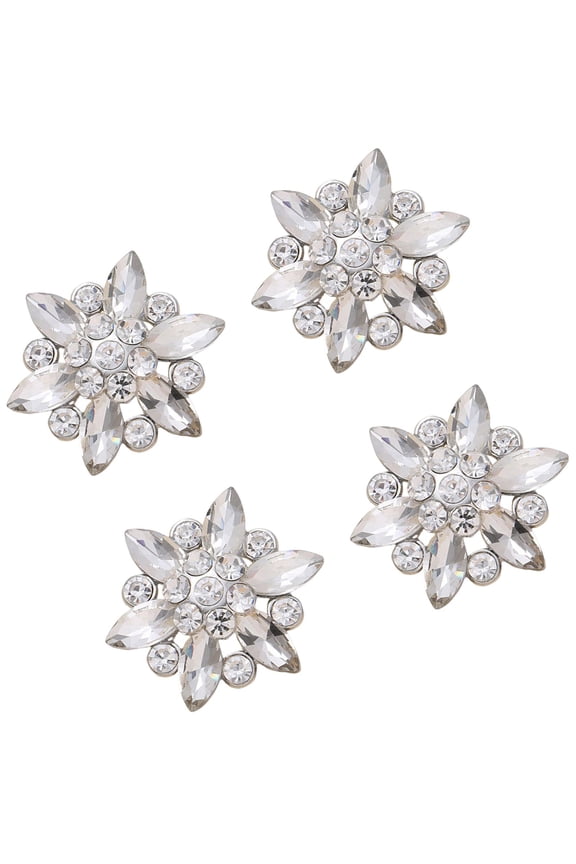 4x Flower Shaped Rhinestone Buttons Bling Flatback Clothing Accessories Brooches 4 PCS Silver