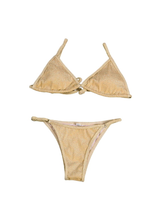 Hellery Women's Triangle Bathing Suits Padded Bra Set Style H Gold