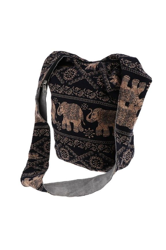 Linen Bohemian Crossbody Shoulder Bag Hippie Gypsy Zip on Top Bag Black