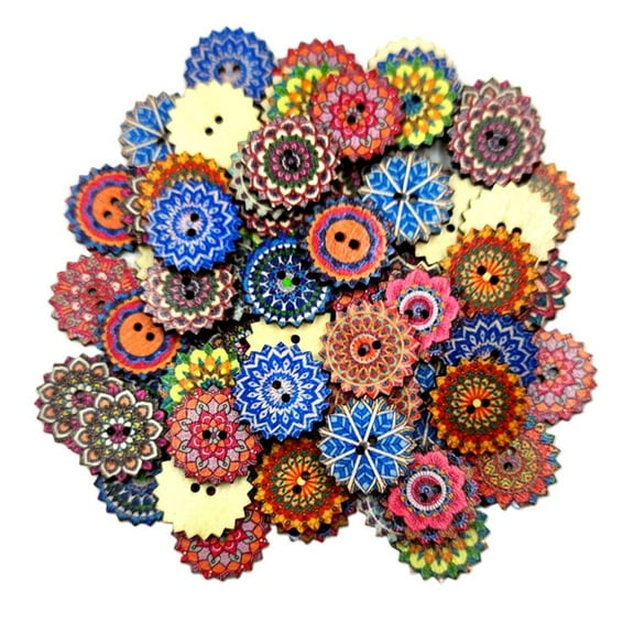 Yunhgft Pack of 100Pcs Flowers Painted Colorful Buttons DIY Wooden Buttons for Sewing Gear Shaped Buttons Bohemia Style Round Buttons for Crafts 20mm