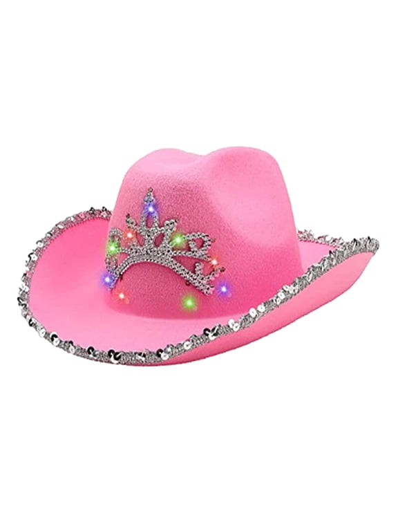 Pink Cowboy Hat with Tiara Wide Brim Sequin Decoration for Party Fancy Dress Sequin brim