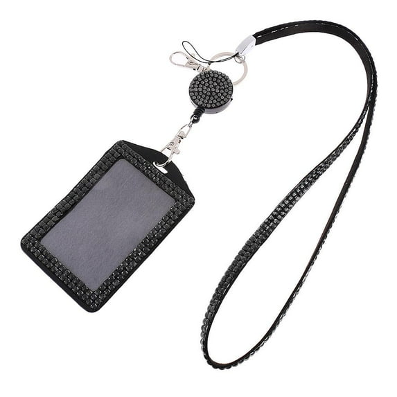 Yunhgft Portable Black Rhinestone Lanyard w/ Retractable Reel Card ID Badge Holder