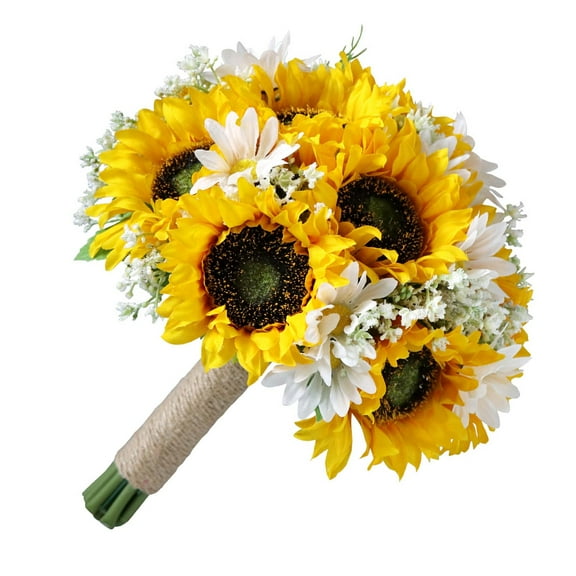 Yunhgft Romantic Wedding Bride Bouquet Sunflowers White Daisy with Linen Rope Artificial