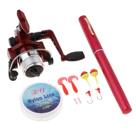Yunhgft Set of 2 Mini Pen Fishing Rods with Compact Reels and Hooks, Portable Design, Red