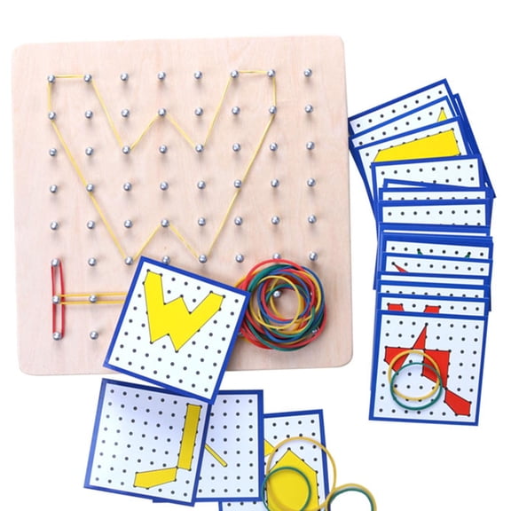 Yunhgft Wooden Geoboard, Montessori with 20Pcs Pattern Cards Brain Teaser Graphical Math 18x18cm
