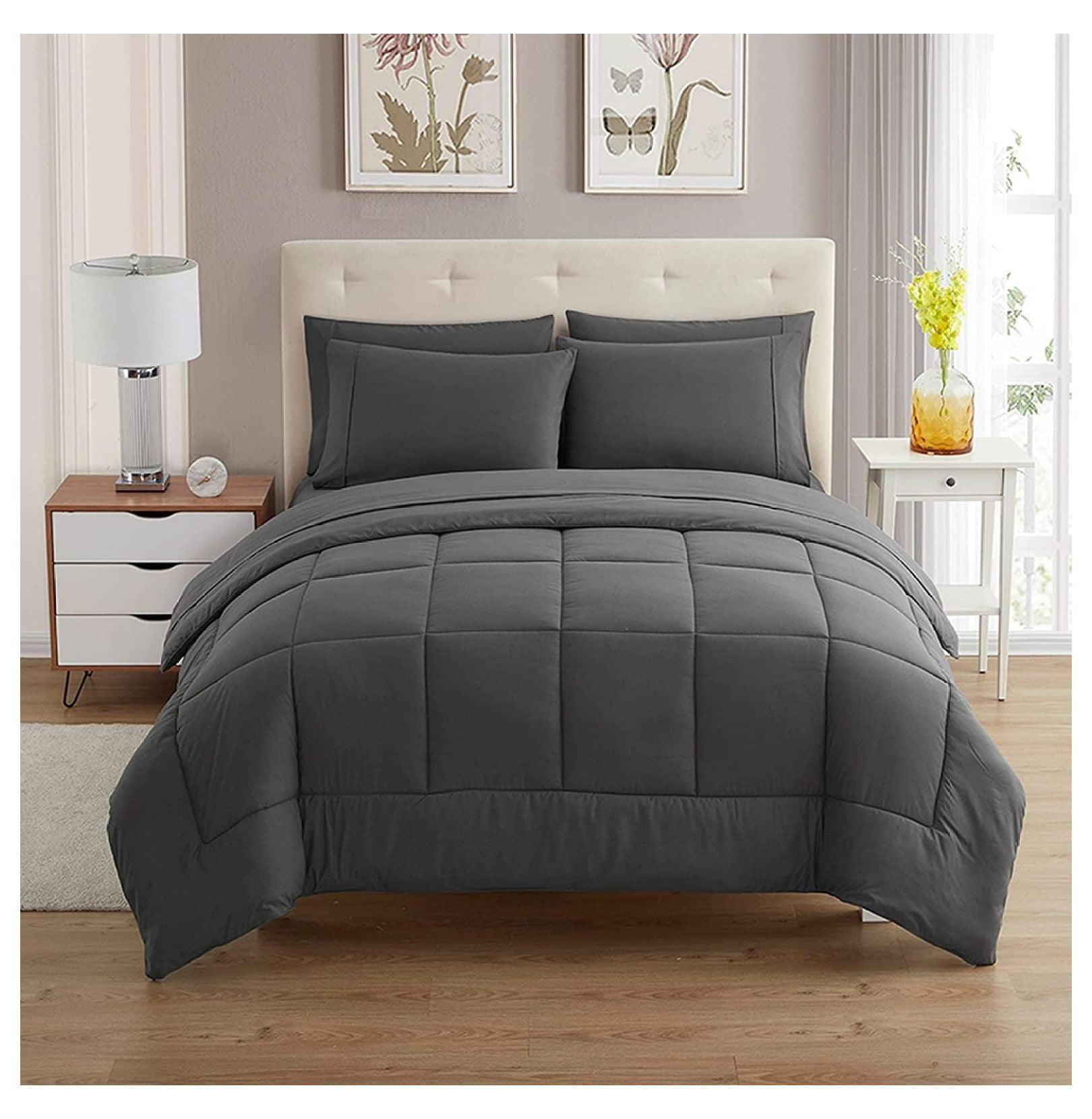Gray Queen Reversible Down Alternative Microfiber 7-Piece Bed in a Bag Set