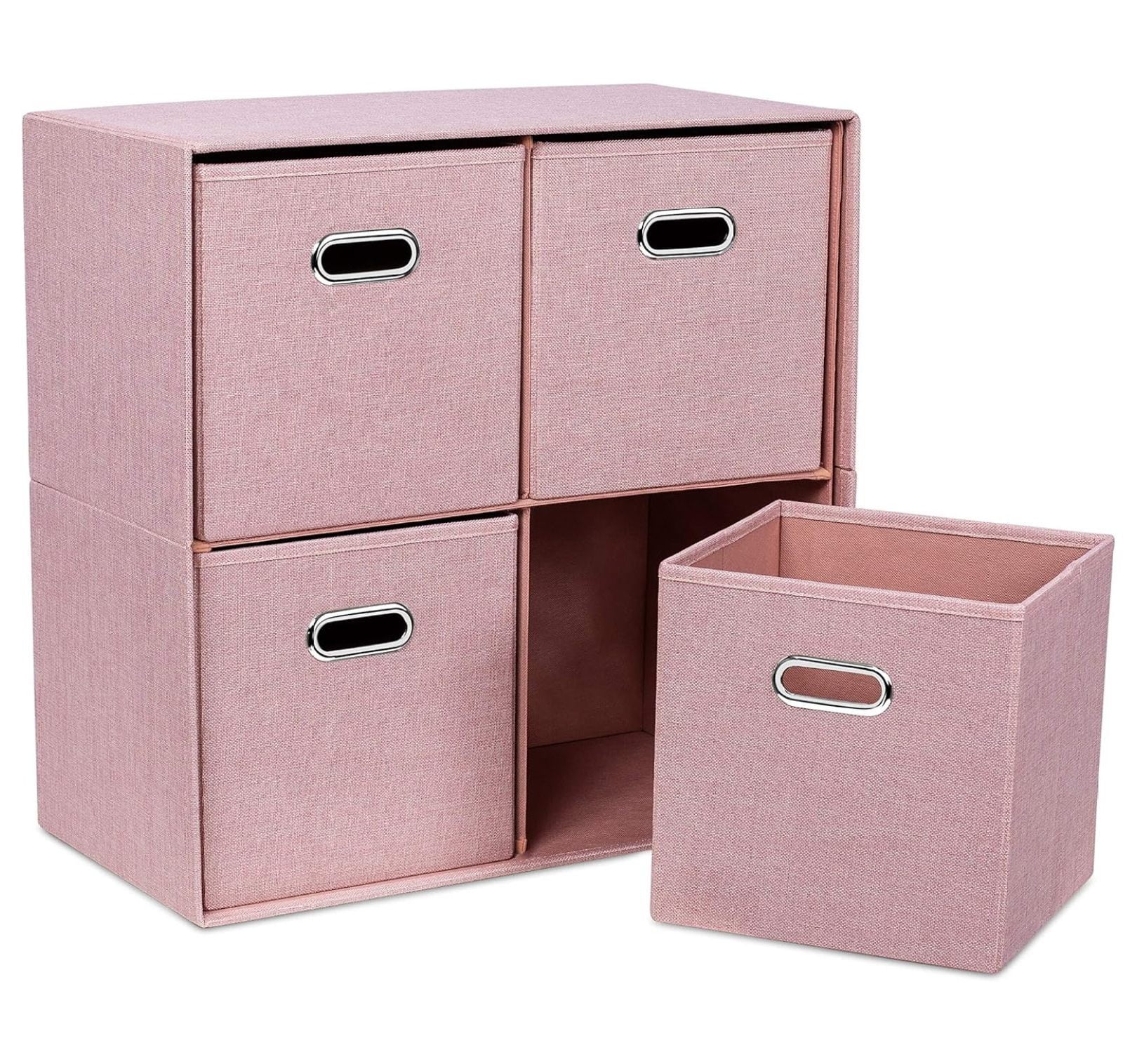 Yunhouse Blush Linen Cube Organizer Shelf with 4 Storage Bins Strong
