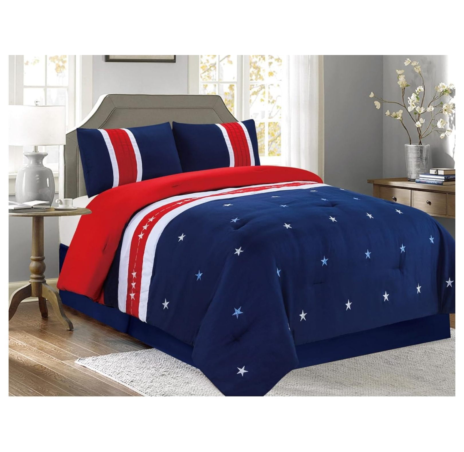 Yunhouse Embroidered Red, White and Blue Comforter Set, Complete USA