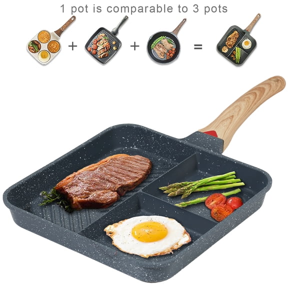 Yunjingjie 3-Section Versatile Breakfast Skillet Nonstick 11-Inch Square Grill Pan Die-cast Aluminum