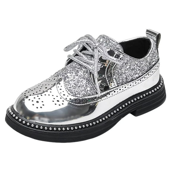 Yunkctuk Boys Girls Lace-up Oxfords Brogue Wingtip Shiny Sequin School Uniform Dress Shoes for Wedding Birthday Performance