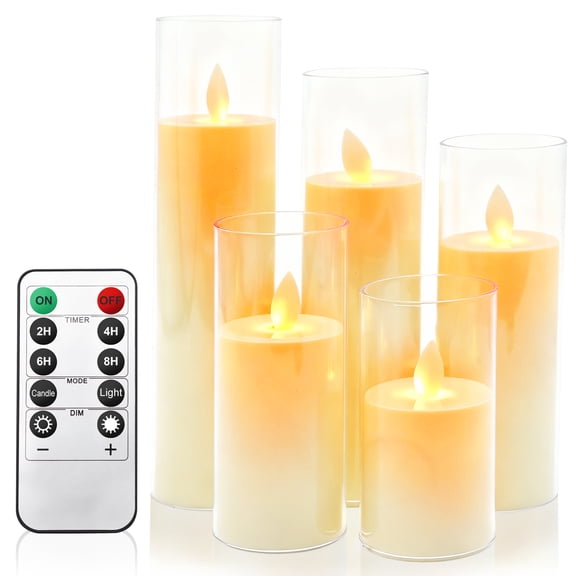 Yunkctuk Flameless Candles with Remote, Battery Operated Flickering Flameless Candles, LED Candles with Timer 2/4/6/8H,Ivory, with Realistic LED Candles Set of 5Approx. D2H4" 5" 6" 7" 8"