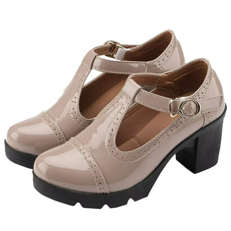 Yunkctuk Women's Classic T-Strap Platform Mid-Heel Square Toe Oxfords Dress Shoes