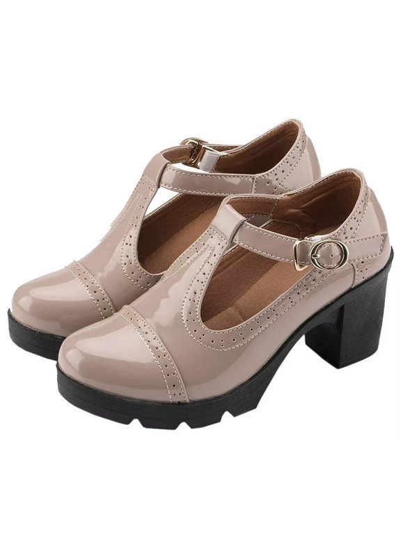 Women's Classic T-Strap Platform Mid-Heel Square Toe Oxfords Dress Shoes