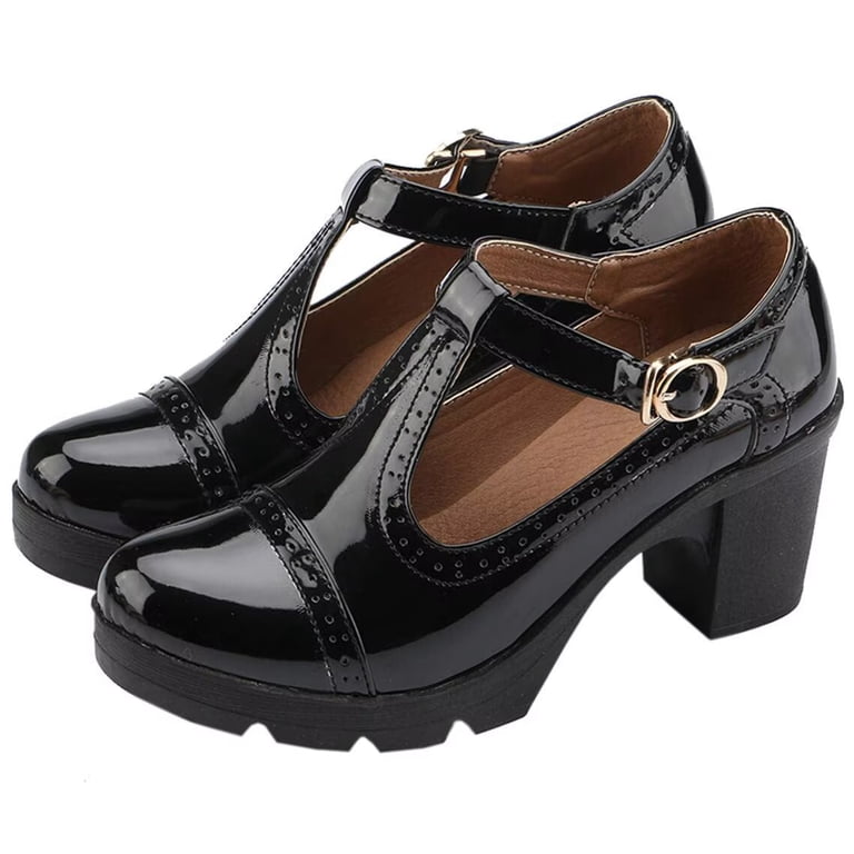 women's classic t-strap platform mid-heel square toe oxfords dress shoes Chunky Heel Round Womens Leather High Heels Pump Block Pumps Summer -heel Girls Miss Elegant High-heeled Head Bridesmaid Dresses & Gowns