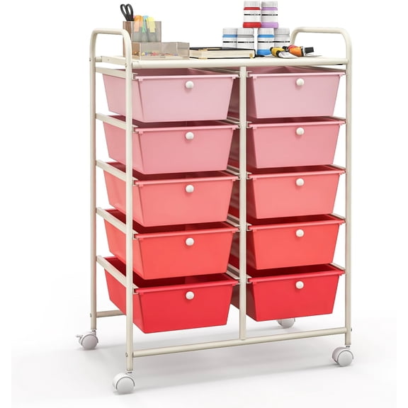 Yunken 10 Drawers Rolling Cart, Classroom Organizers, Storage Cart with Wheels, for Teacher Office Home School Supplies Tool Craft Art Paper, Pink Gradient