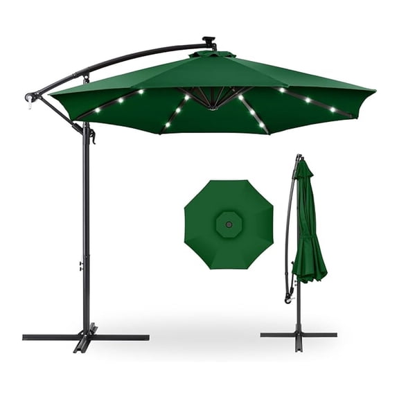 Yunken 10ft Solar LED Offset Hanging Market Patio Umbrella for Backyard, Poolside w/Easy Tilt Adjustment, Polyester Shade, 8 Ribs, Green