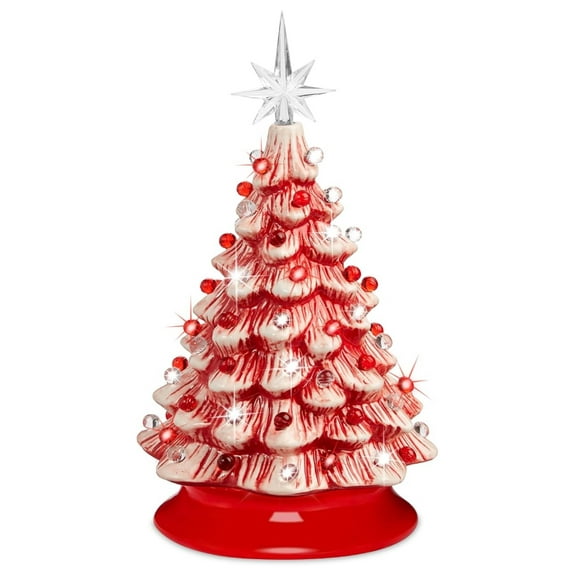 Yunken 15-Inch Peppermint Ceramic Christmas Tree, Pre-Lit Hand-Painted Tabletop Holiday Decor with Red & White Lights and 2 Star Toppers