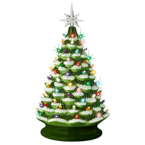 Yunken 18-Inch Large Frosted Ceramic Christmas Tree, Pre-Lit Hand-Painted Tabletop Holiday Decoration with 93 Multicolored LED Lights, 2 Stars, Green