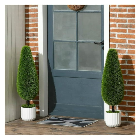 Yunken 2 Pack 3 Feet Artificial Cedar Teardrop Shaped Bush in Plastic Nursery Pot, Realistic Faux Potted Plants for Patio Porch Indoor Outdoor Decor