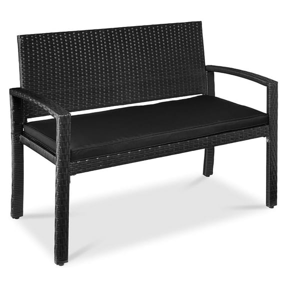 Yunken 2-Person Wicker Patio Bench with Seat Cushion, 700lb Capacity for Garden, Backyard - Black/Black