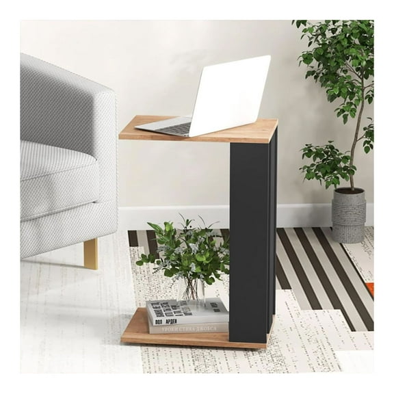 Yunken 2-Tier C-Shaped Side Table with Universal Wheels & Bottom Shelf, Modern Rolling End Table for Living Room, Bedroom, Easy Move Furniture