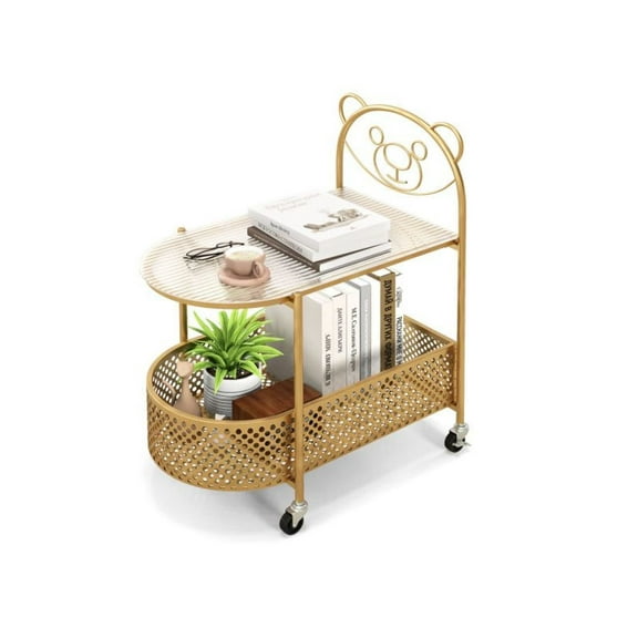 Yunken 2-Tier Mobile Glass Coffee Table with Bear Pattern, Rolling Cart Table for Living Room,
