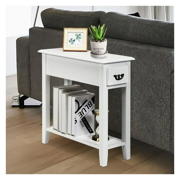 Yunken 2-Tier Narrow End Table, Slim Bedside Sofa Side Table with Open Shelf, Space-Saving Nightstand for Small Rooms, Modern Design
