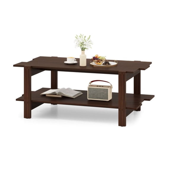 Yunken 2-Tier Slatted Wood Coffee Table with Storage Shelf, Modern Center Table for Living Room,