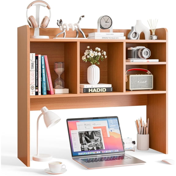 Yunken 2-Tier Wooden Desktop Organizer - Multipurpose Storage Shelf for Home, Office, Dorm | Space-Saving Computer Desk Organizer with 4 Display Shelves, Modern Décor Bookshelf (Natural)