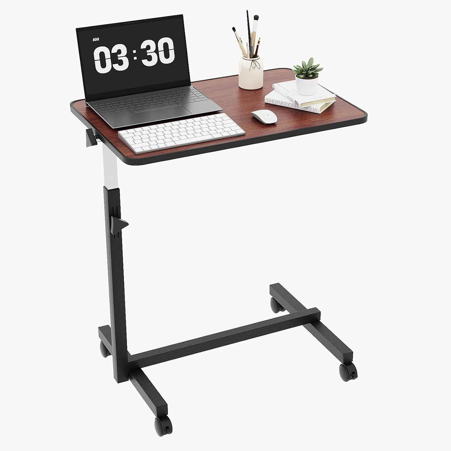 Yunken 23.6 Inch Adjustable Rolling Laptop Desk, Tilting Desktop, Mobile Sit Stand Workstation for Bed Sofa Hospital Reading Eating, (Brown)