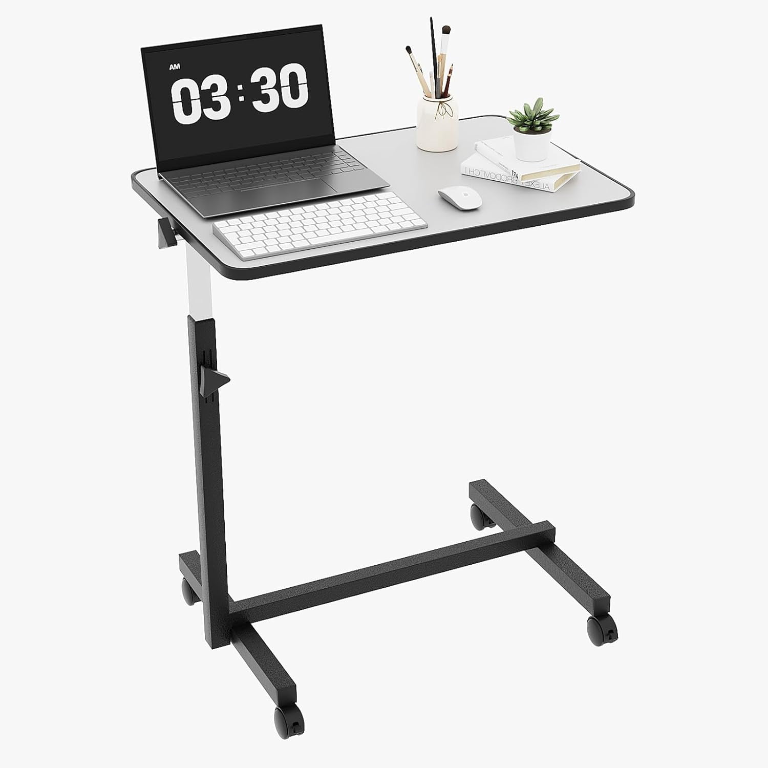 Yunken 23.6 Inch Rolling Adjustable Multifunctional Lifting Computer Desk, Tilting Desktop, Sit Stand Laptop Desk TV Tray for Bed Sofa Hospital Reading Eating, Silver