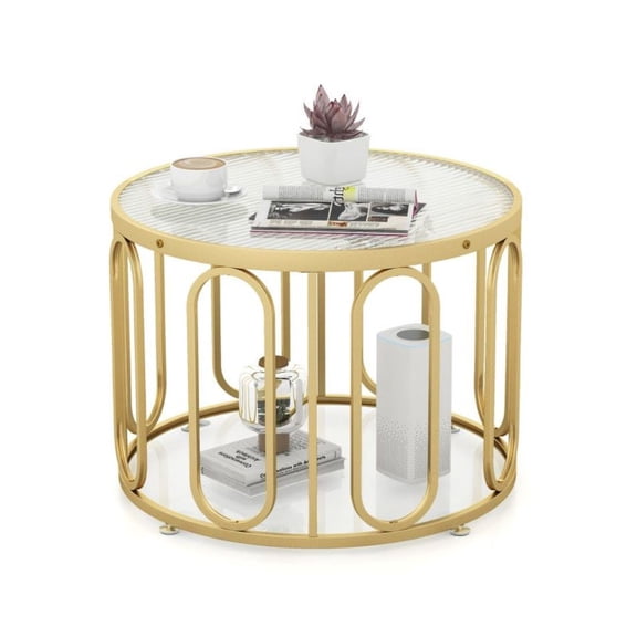 Yunken 24 Inch Round Coffee Table with Reeded Tempered Glass Top and Oval Swivel Brackets, Modern,