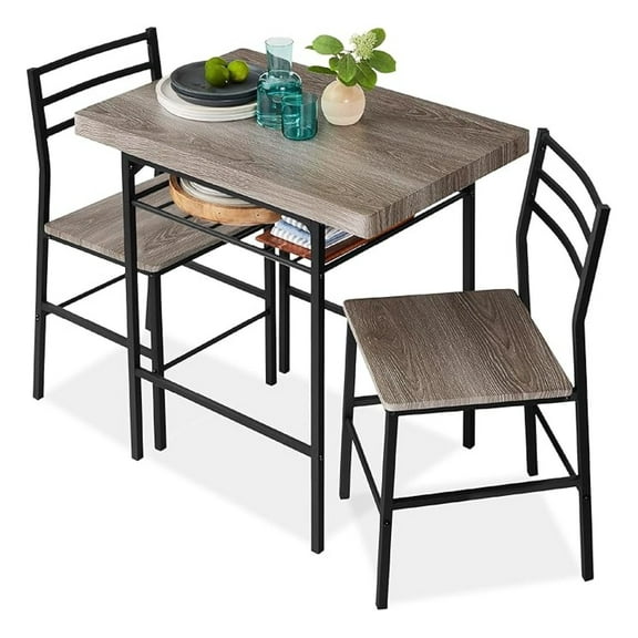 Yunken 3-Piece Modern Dining Set, Space Saving Dinette for Kitchen and Dining Room with Steel Frame and Built-in Storage Rack, Gray/Black