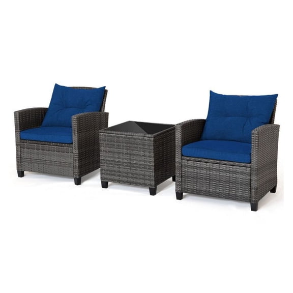 Yunken 3-Piece Modern Wicker Conversation Set with Tempered Glass Tabletop, All-Weather Patio Furniture for Outdoor Garden