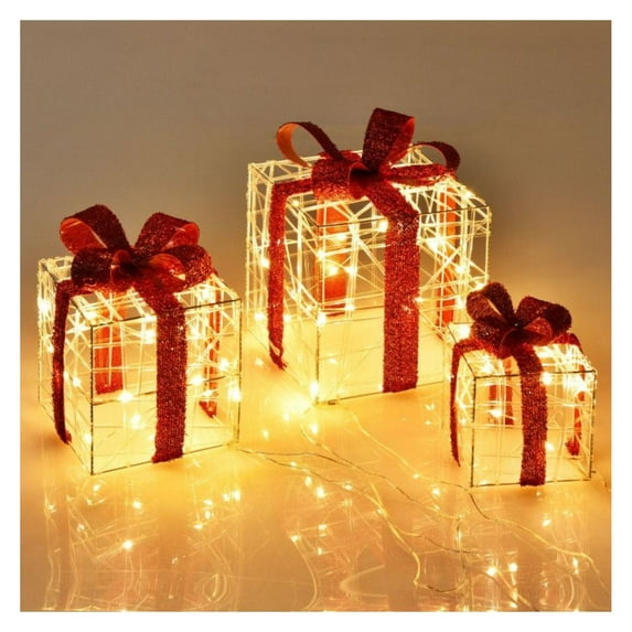 Yunken 3 Pieces Christmas Lighted Gift Boxes Decorations with 60 LED Lights for Indoor and Outdoor Holiday Display