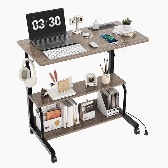 Yunken 31.5" Mobile Small Standing Desk, Adjustable Height Mobile Computer Desk, w/2 AC Outlets + 3 USB Ports & Hooks, Storage Shelves, Suitable for Gaming, Studying, Home Office, Gray