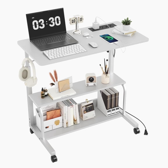 Yunken 31.5" Mobile Small Standing Desk, Adjustable Height Mobile Computer Desk, w/2 AC Outlets + 3 USB Ports & Hooks, Storage Shelves, Suitable for Gaming, Studying, Home Office, White
